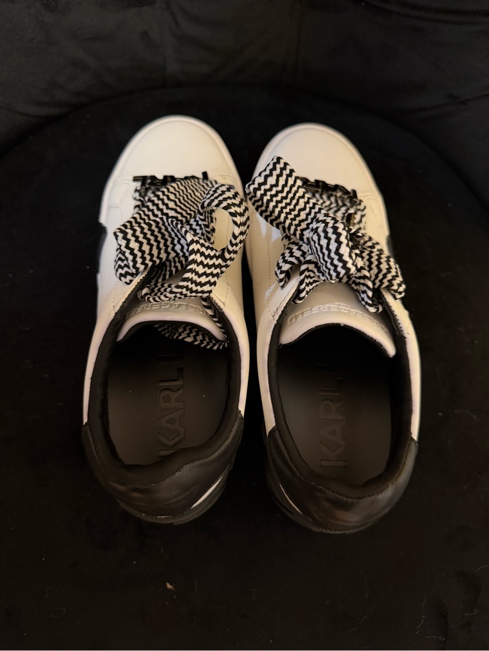 Karl Lagerfeld White Sneakers with Black Heel and Chevron Ribbon